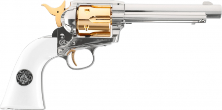 Colt SAA .45 Smoke Wagon CO₂ Revolver 5,5 Zoll – Polished Chrome / Gold, 4,5 mm (.177) Diabolo,  3,0 J