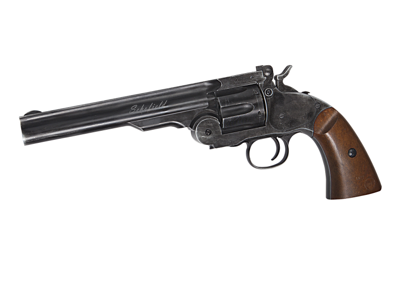 ASG Schofield 6 Zoll Airsoft Revolver CO₂ 6 mm BB – Aging Schwarz mit Schalen in  Holzgriffoptik