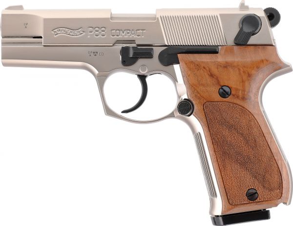 Walther P88 Schreckschusspistole 9 mm P.A.K. – Nickel-Finish, Holzgriffschalen