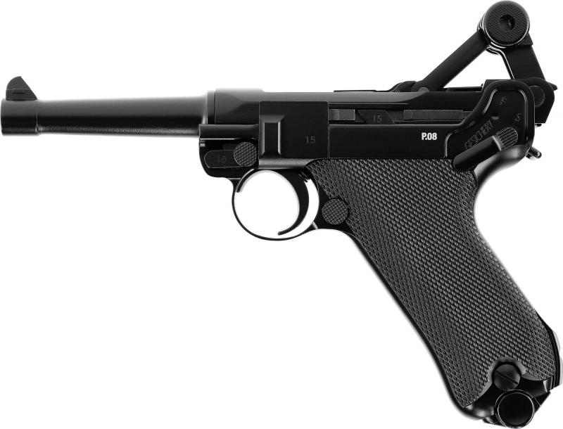 P08 CO₂-Luftpistole 4,5 mm BB – Vollmetall, Blowback, brüniert