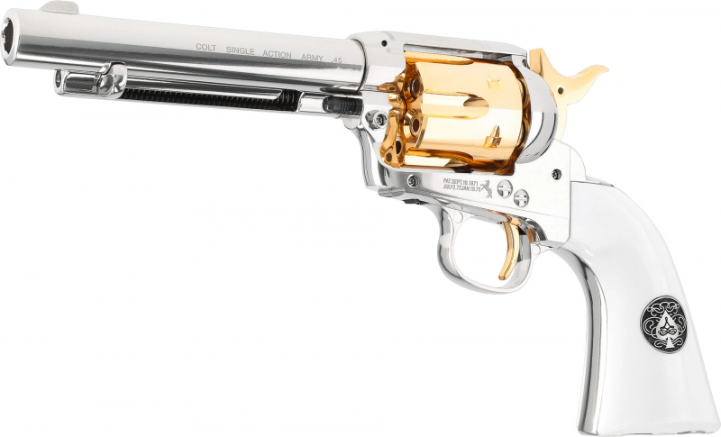 Colt SAA .45 Smoke Wagon CO₂ Revolver 5,5 Zoll – Polished Chrome / Gold, 4,5 mm (.177) Diabolo,  3,0 J