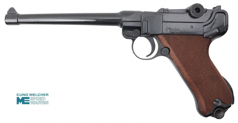 ME Mod. P 04 Schreckschusspistole 9 mm P.A. Knall – schwarz brüniert, Holzgriff