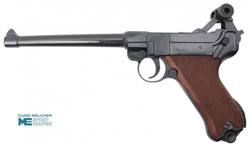 ME Mod. P 04 Schreckschusspistole 9 mm P.A. Knall – schwarz brüniert, Holzgriff